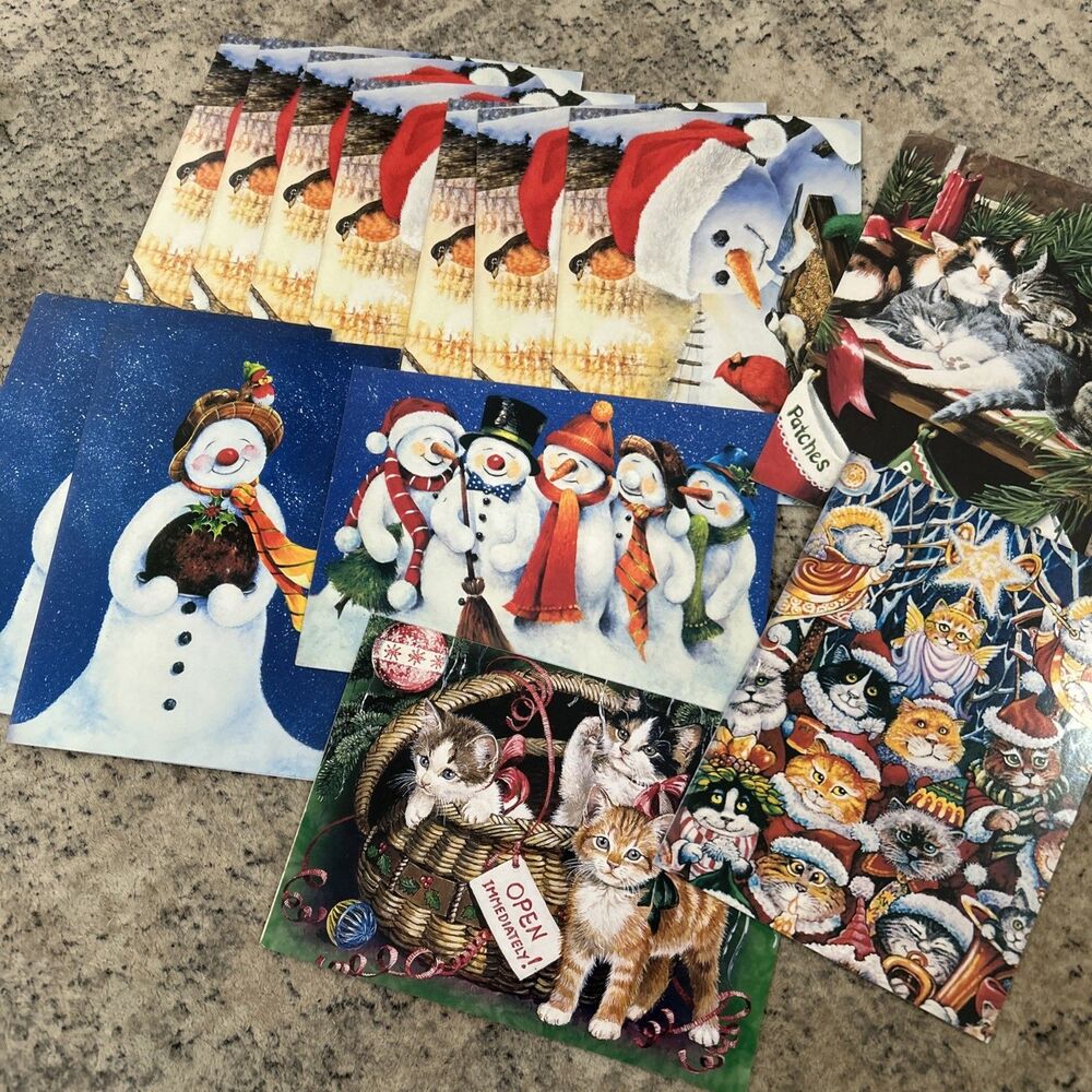 Christmas Mixed Tree-Free Greeting Cards Set Of 14 NO Envelopes‎ Snowmen Kittens